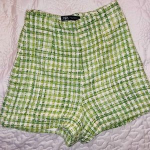 Zara Green & White Tweed High Waist Shorts